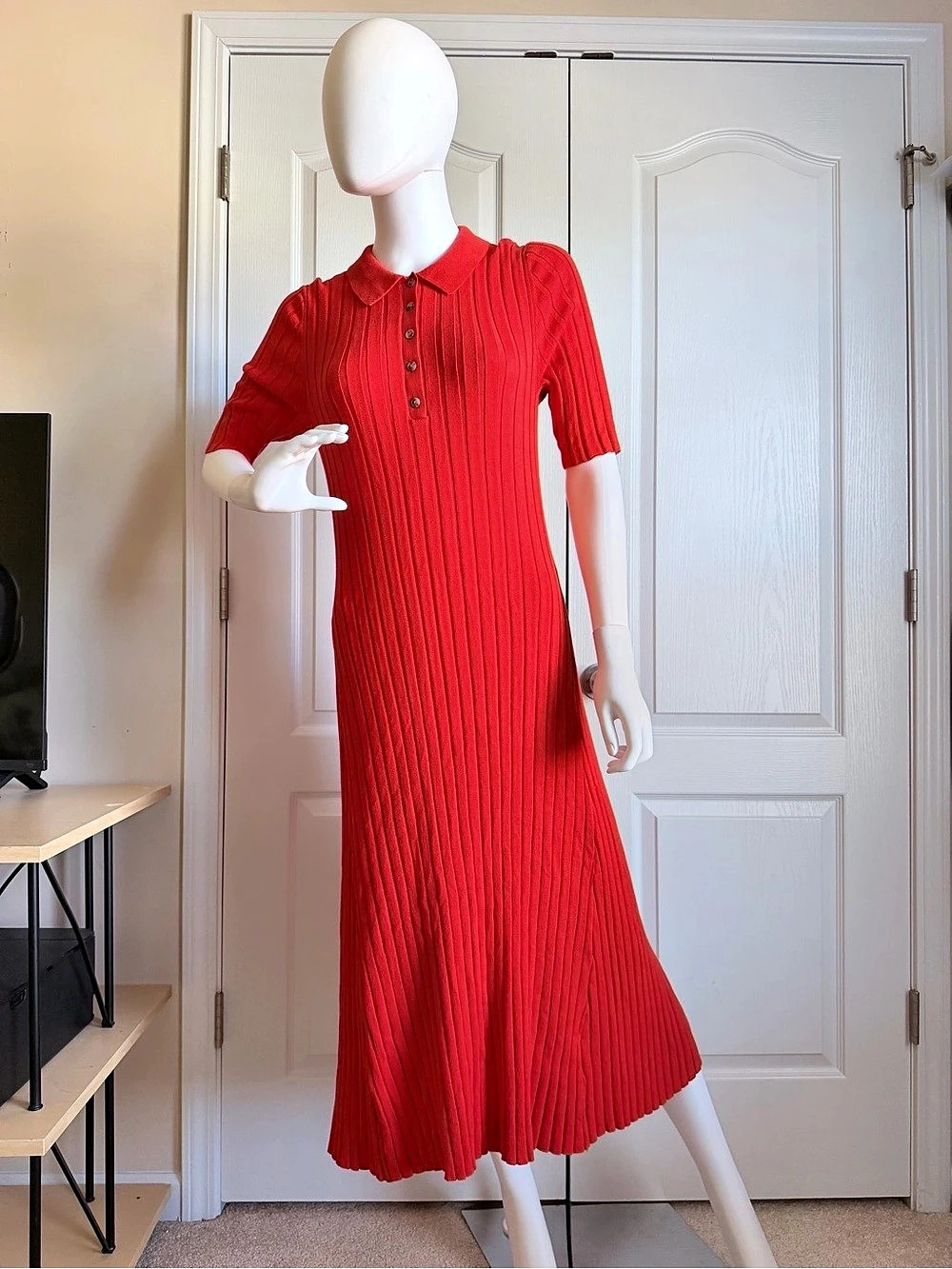 New LOFT Ribbed Collared Tamale Red Midi Polo Dress Size L